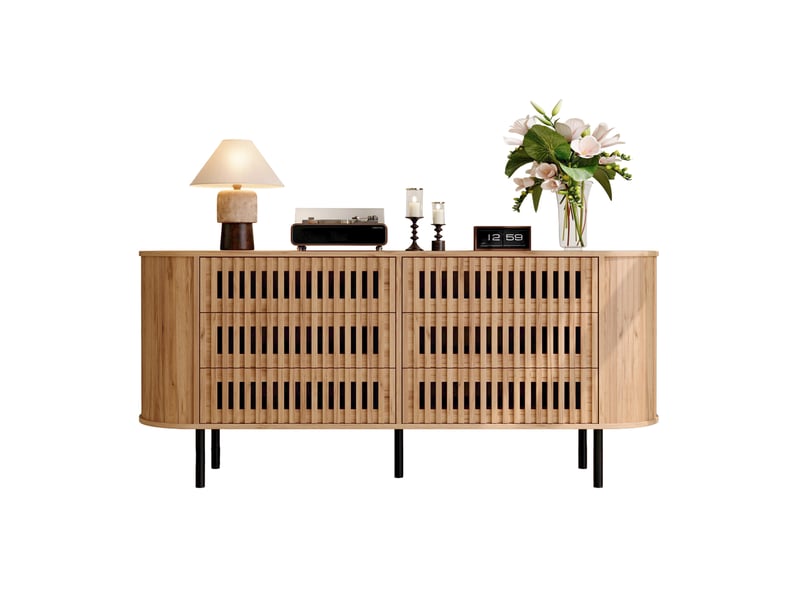 Buffet 160x40x70 cm, 6 tiroirs, design lames ajourées, mdf, pieds métal, charge 70 kg, naturel - Conforama A
