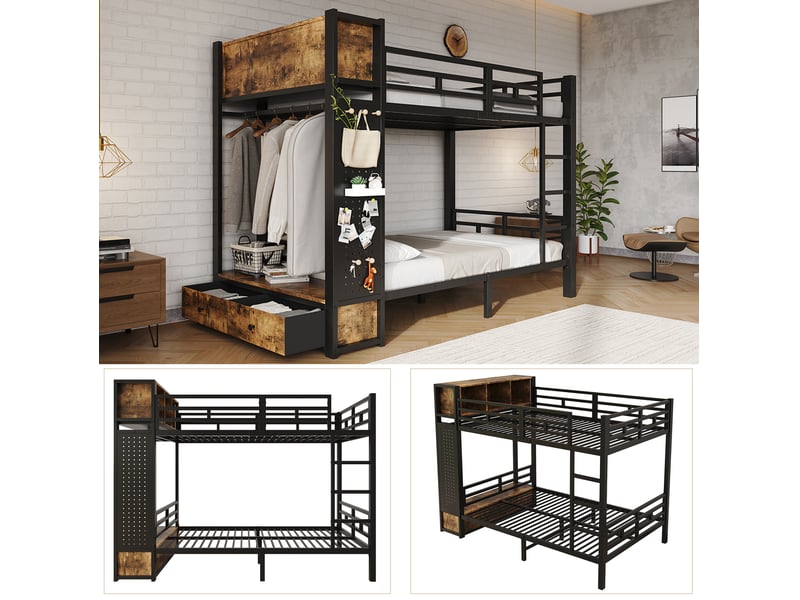 Lit superposé 120 × 200 cm 1 place avec penderie, tiroir et étagères, sans matelas, métal noir et noyer foncé - Conforama E