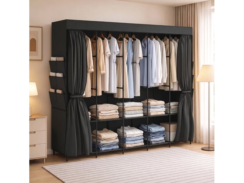  Armoire penderie en tissu noir 212 x 45 x 167 cm avec 5 tringles et 5 étagères, montage sans outil  - Conforama B