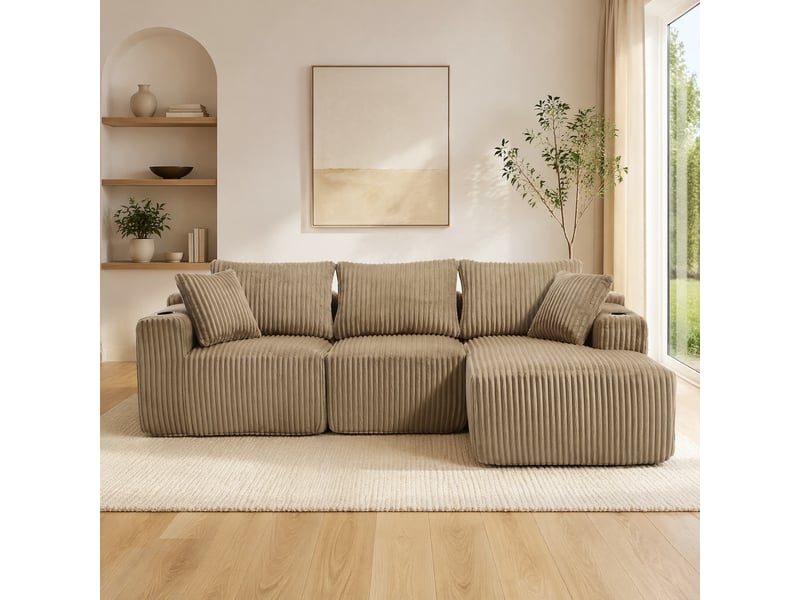 Canapé d'angle modulable ulevr 3 places avec méridienne, poches latérales et porte-gobelets, 257 x 160 cm, velours côtelé kaki - Conforama B