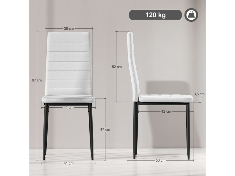  Lot de 6 chaises de salle à manger modernes revêtues de lin synthétique, avec dossier haut et pieds en métal, 41 x 50 x 97 cm, blanches  - Conforama E