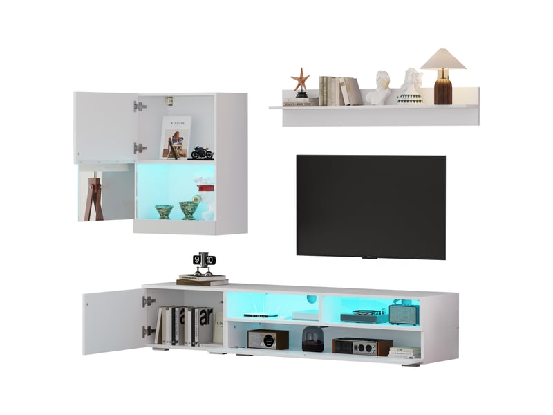  Meuble tv 3 pièces avec 3 portes et 2 niches led pour salon 175×39×34 cm blanc  - Conforama A