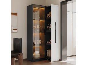 Vitrine en verre trempé et mdf, meuble de rangement avec led, bibliothèque 160 cm de haut avec tiroir latéral, noir et blanc