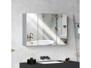 Armoire de toilette murale 3 portes miroir en mdf gris 90x15x60 cm