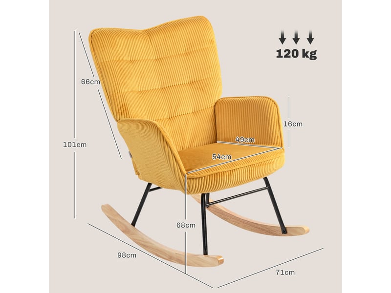  Fauteuil à bascule jaune en velours côtelé, fauteuil de relaxation pour salon et chambre, pieds en bois, charge 120 kg  - Conforama C