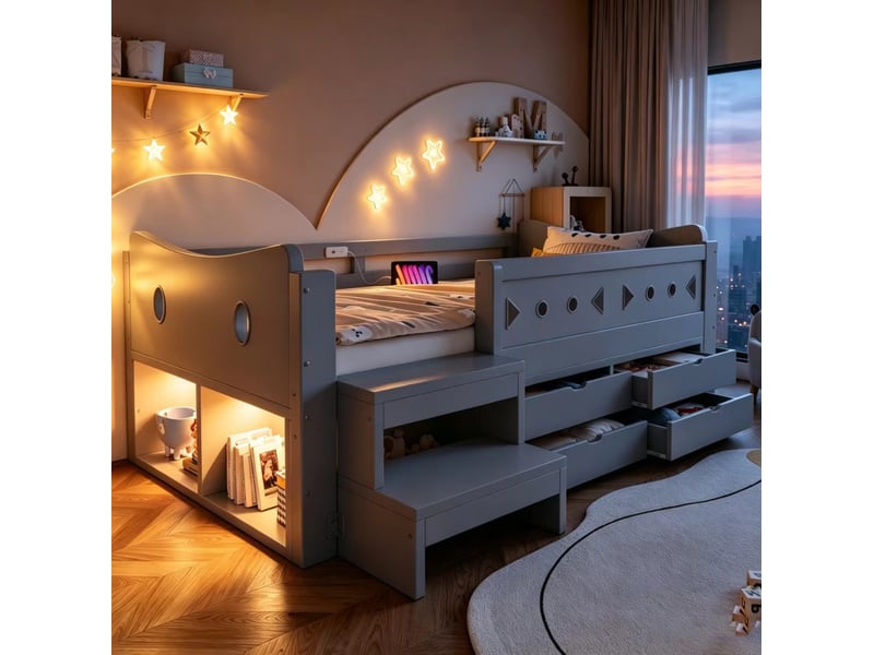  Lit enfant 90x200 cm avec rangements, led et ports usbtype-c coloris gris  - Conforama D