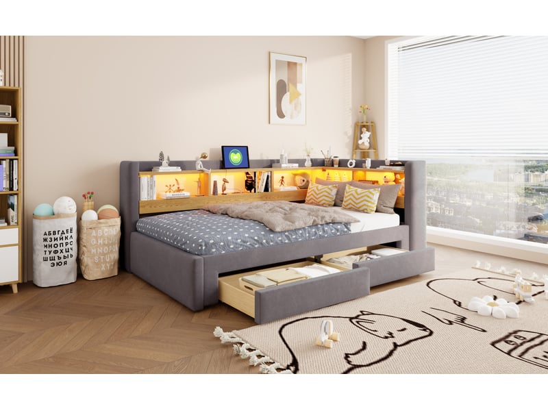  Lit gigogne 90x200 cm avec rangement, led et prise en tissu gris  - Conforama C