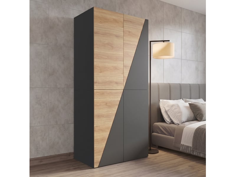Armoire 2 portes avec penderie, porte-pantalons, boîte et 2 tiroirs en mdf, bois et gris, 90 × 50 × 200 cm - Conforama B