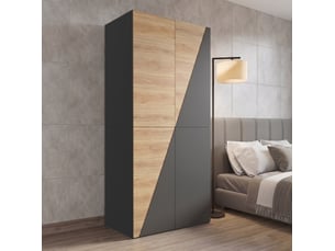 Armoire 2 portes avec penderie, porte-pantalons, boîte et 2 tiroirs en mdf, bois et gris, 90 × 50 × 200 cm