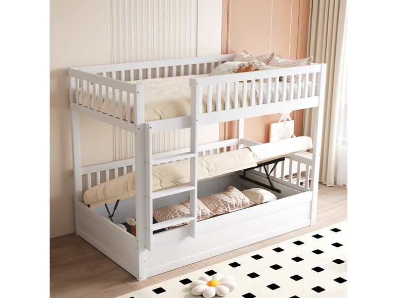 Lit superposé 90x200 cm en bois massif blanc avec rangement hydraulique - Conforama B