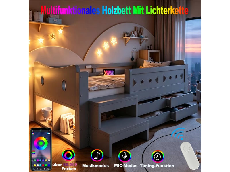 Lit simple 90x200 cm - 4 tiroirs et rangement - tête de lit avec led, usb & type-c - barrières de sécurité - gris - Conforama D