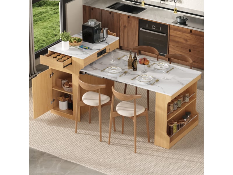  Îlot de cuisine mobile sur roulettes – table extensible, multiprise et 2 tiroirs – buffet ou enfilade naturel  - Conforama B