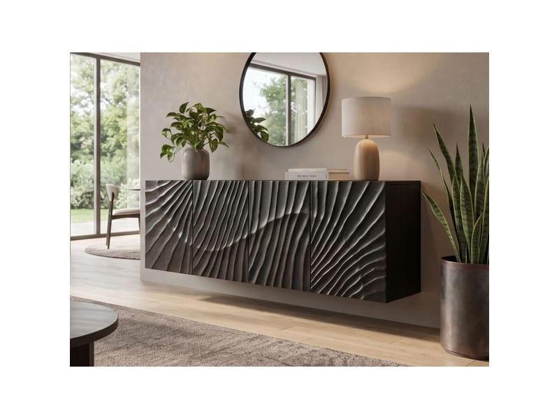 Buffet silva 177 cm en bois massif de manguier noir – 4 portes sculptées et façades en relief - Conforama D