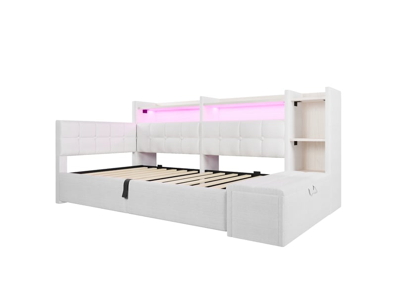 Lit de jour canapé-lit, 90 × 200 cm, blanc, mdf et velours, coffre hydraulique, banquette coffre, rangements, led, usb + type-c - Conforama A