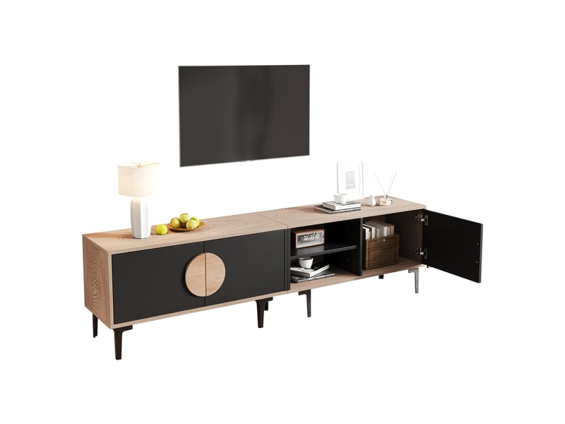  Meuble tv 3 portes, 2 niches, fermeture douce pour le salon en panneaux de particules 180×35×49 cm noir bois naturel  - Conforama A