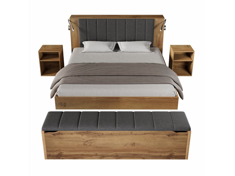  Lit double 160 x 200 cm couleur chêne, bois, avec rangements, lampes de lecture usb et matelas inclus  - Conforama A