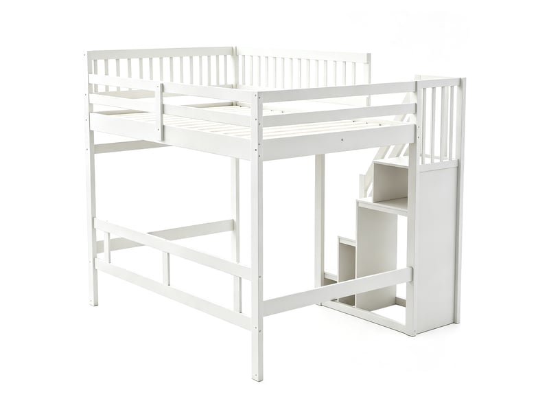 Lit mezzanine 140x200 en bois massif avec escalier de rangement, lit enfant blanc avec barrière de sécurité haute, gain de place - Conforama E