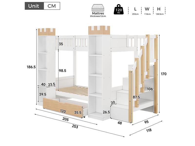 Lit superposé enfant 90x200 cm avec escalier de rangement, blanc et bois, sans matelas - Conforama C