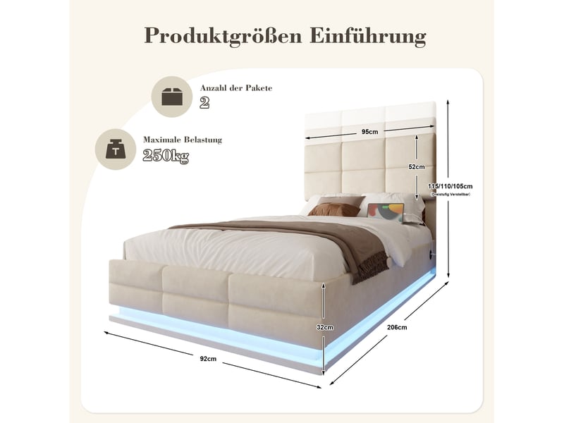  Lit coffre 90x200 cm velours beige, led, usbtype-c, tête réglable, sans matelas  - Conforama E