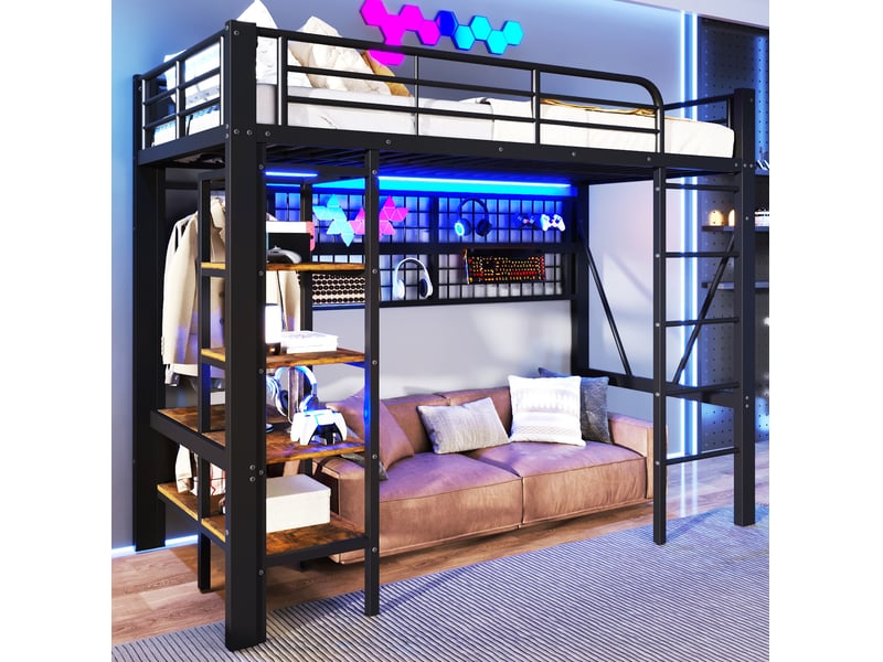  Lit mezzanine 90x200 cm en métal avec rangement, led, penderie et filet, noir  - Conforama E