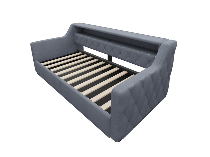 Lit de jour 90x200 cm en tissu lin gris avec rangement hydraulique et ports usbtype-c  - Conforama A