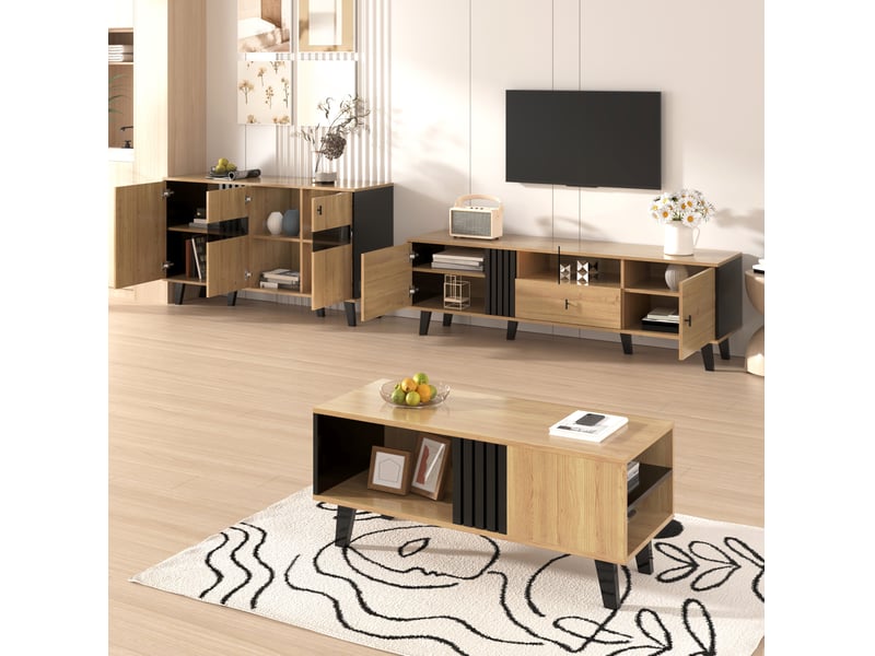  Ensemble de salon 3 pièces – table basse, banc tv 170 cm et buffet led – bois et noir  - Conforama C