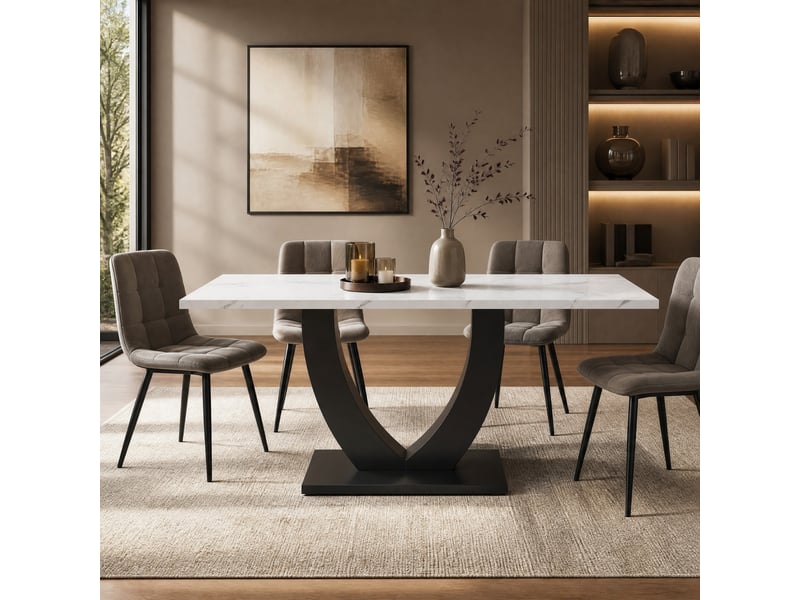 Table à manger rectangulaire 140x75,5cm, finition blanche, effet marbre design moderne, plateau aggloméré, cadre métal, usage cuisine, pieds ajustables - Conforama D