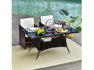 Table de jardin 150x85 cm marron, résine tressée, verre de sécurité, structure métal pour terrasse