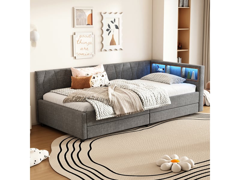  Lit banquette gris 90x200 cm, 2 tiroirs, usb-c et rangements intégrés  - Conforama B