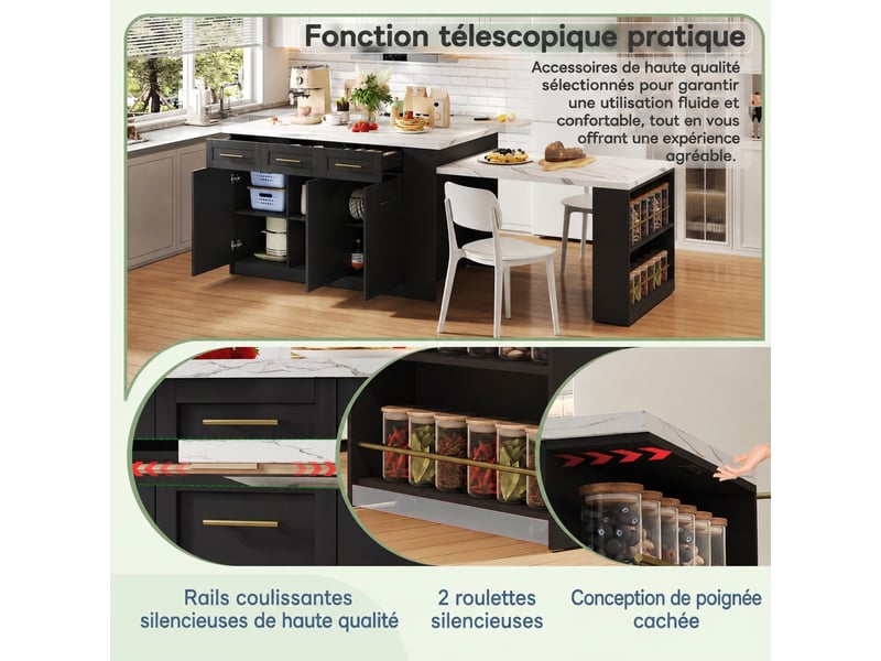  Îlot de cuisine avec table escamotable muvano, noir et effet marbre blanc, 150 × 90 × 90 cm  - Conforama E