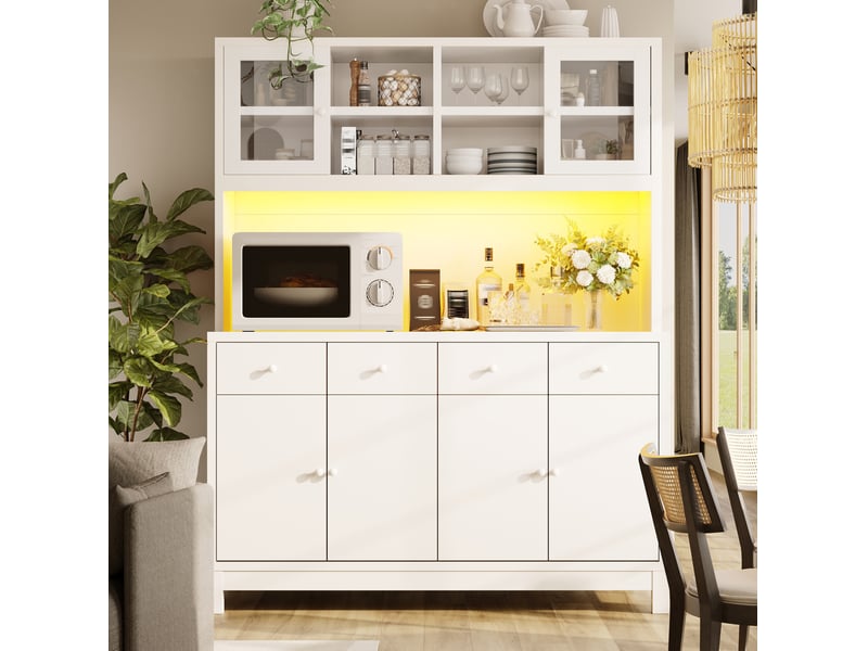 Buffet haut blanc en mdf, 140 x 38,5 x 180 cm, éclairage led rgb pilotable par application et 4 tiroirs - Conforama B