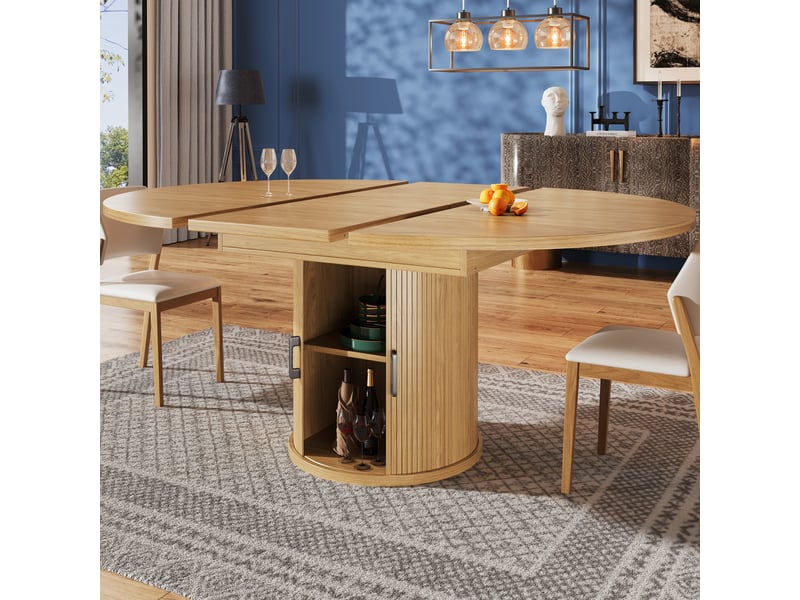  Table à manger extensible ovale 118-158x118x76.8 cm, 4 à 6 personnes, 2 portes coulissante incurvée, rangement à 2 niveaux, naturel  - Conforama E