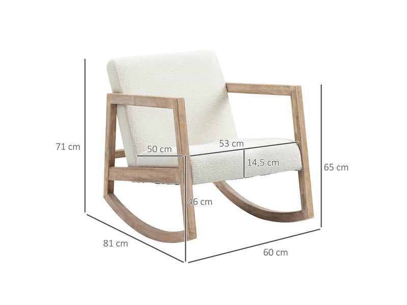  Fauteuil à bascule structure bois, rembourré, relaxant salon, assise rembourrée, bois hévéa, blanc crème, 60x81x71 cm.  - Conforama E