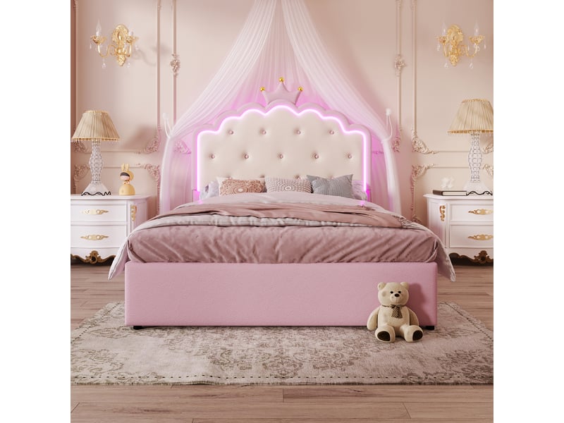 Lit rembourré rose 140x200 cm style princesse avec led, lit gigogne et 2 tiroirs - Conforama B