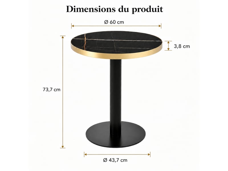  Table d'appoint ronde, plateau effet marbre noir avec bordure en métal doré, structure en métal noir, ø 60 cm  - Conforama C
