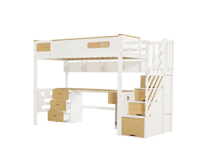 Lit mezzanine enfant 90x200 en, avec grand bureau, étagères et escalier de rangement, blanc et naturel - Conforama A