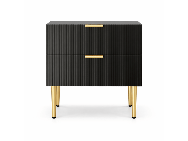  Table de chevet noire motif ondulé, 2 tiroirs, design moderne, pieds en métal, 1 pièce  - Conforama A