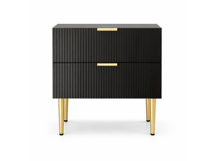 Table de chevet noire motif ondulé, 2 tiroirs, design moderne, pieds en métal, 1 pièce