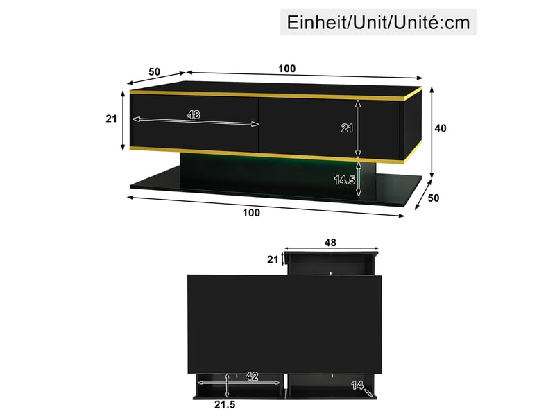  Table basse 100x50x40 cm led à 3 tiroirs panneau de particules noir et or  - Conforama C