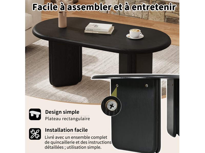  Table basse ovale 90x50x40 cm design moderne, pieds décoratifs, mdf, plateau effet bois noir  - Conforama E