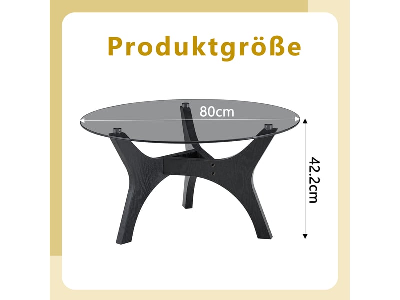  Table basse ronde moderne, plateau en verre, cadre en bois noir, ø80 cm, résistante chaleur et rayures  - Conforama C