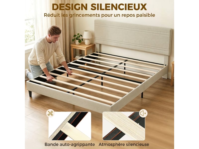  Cadre de lit 160 x 200 cm avec sommier en bois, rembourré en effet lin, cadre en acier, 9 pieds robustes, beige  - Conforama R