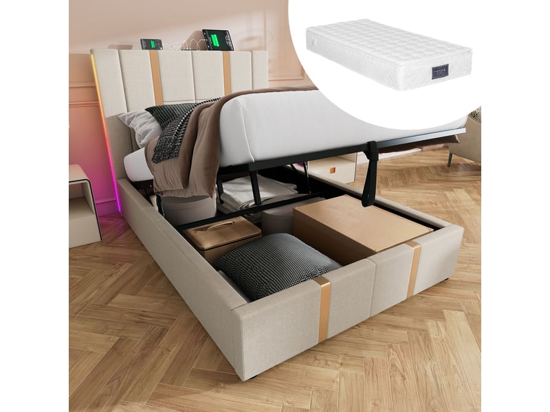 Lit coffre 90x200 avec matelas et led rgb contrôle par app - lit rembourré - tissu en lin beige, port usb type-c, sommier à lattes  - Conforama E