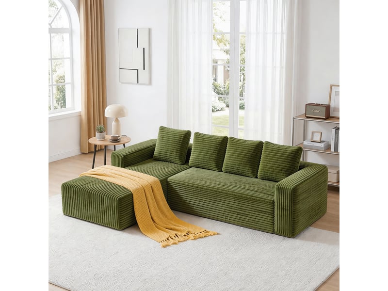 Canapé nuage d'angle modulable 4 places 261x168x58 cm, méridienne droite, assise profonde en mousse et ressorts, velours côtelé vert Radiant Stride - Conforama B