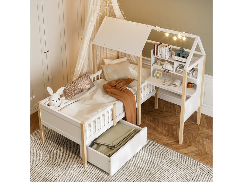  Lit cabane enfant avec bureau intégré, 90 x 200 cm, tiroirs sur roulettes et bibliothèque, blanc et bois naturel  - Conforama B