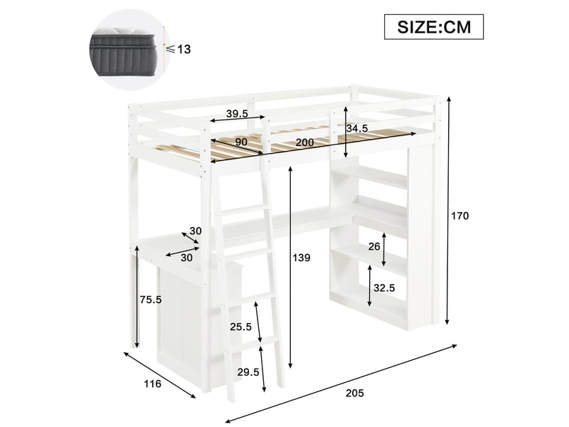  Modenvie lit mezzanine enfant 90x200 cm - avec étagère, tablette d'angle et garde-corps, sans matelas - blanc  - Conforama C