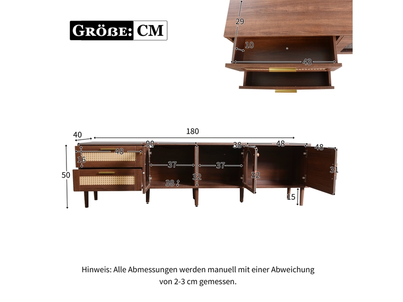  Meuble tv 180 cm marron led - façade rotin et verre bombé, design chic et grand écran  - Conforama C