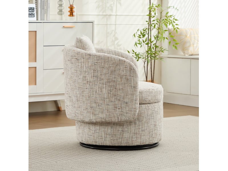 Fauteuil pivotant 360° avec rangement caché et coussin de dossier, en chenille et bois beige, 72 × 66,5 × 76 cm - Conforama D