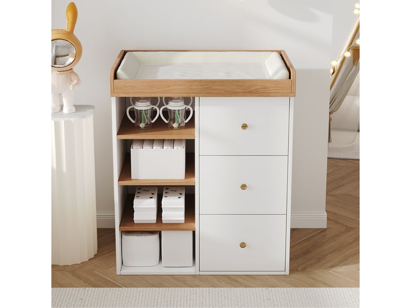  Table à langer 2 en 1 82x50x100 cm commode avec tiroirs et rangements bois et blanc  - Conforama R