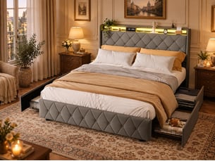 Lit 140x200 cm avec led- tête de lit avec étagère- lit capitonné pu gris- sommier à lattes inclus